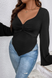 Black Sexy Simplicity Solid Asymmetrical V Neck Plus Size Tops