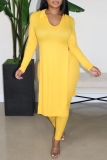 Yellow Casual Solid Slit V Neck Long Sleeve Two Pieces