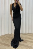 Black Sexy Solid Patchwork Pleated V Neck Long Dress Dresses