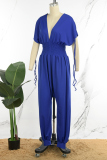 Blue Casual Solid Patchwork Draw String V Neck Loose Jumpsuits