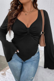 Black Sexy Simplicity Solid Asymmetrical V Neck Plus Size Tops