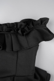 Black Casual Print Patchwork Off the Shoulder Long Dress (Without Belt)