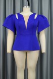 Royal Blue Casual Solid Hollowed Out Patchwork O Neck Tops