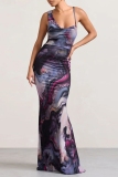 Purple Sexy Print Backless Spaghetti Strap Long Dress Dresses