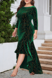 Green Elegant Formal Solid Sequined Asymmetrical O Neck Trumpet Mermaid Plus Size Dresses