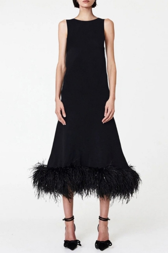 Black Casual Solid Patchwork Frenulum O Neck Sleeveless Dress Dresses