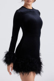 Black Celebrities Solid Patchwork Feathers O Neck One Step Skirt Dresses