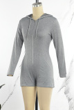 Grey Sexy Solid Patchwork Draw String Pocket Zipper Hooded Collar Regular Rompers