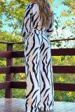 Zebra Casual Print Bandage Patchwork Pocket O Neck Long Sleeve Two Pieces