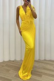 Yellow Sexy Solid Patchwork Pleated V Neck Long Dress Dresses