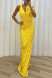 Yellow Sexy Solid Patchwork Pleated V Neck Long Dress Dresses