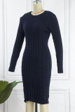 Navy Blue Casual Solid Backless O Neck Long Sleeve Dresses