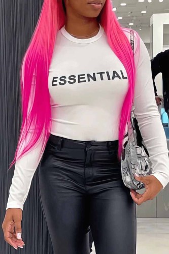 White Casual Print Letter O Neck Plus Size Tops White Casual Print Letter O Neck Plus Size Tops