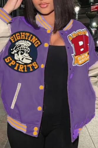Purple Casual Print Patchwork Pocket Buckle O Neck Outerwear