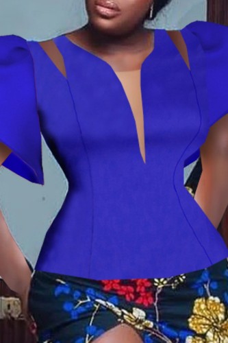 Royal Blue Casual Solid Hollowed Out Patchwork O Neck Tops