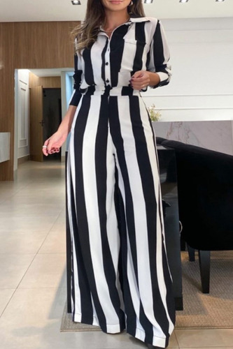 Black White Casual Striped Patchwork Buckle Shirt Collar Long Sleeve Two Pieces
