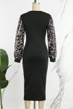 Black Casual Patchwork Sequins O Neck Long Sleeve Dresses