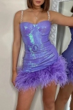 Purple Sexy Patchwork Sequins Feathers Backless Spaghetti Strap Sleeveless Dress Dresses