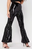 Silver Casual Patchwork Sequins Regular High Waist Conventional Patchwork Trousers