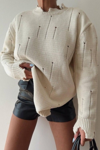 Apricot Casual Solid Ripped O Neck Tops