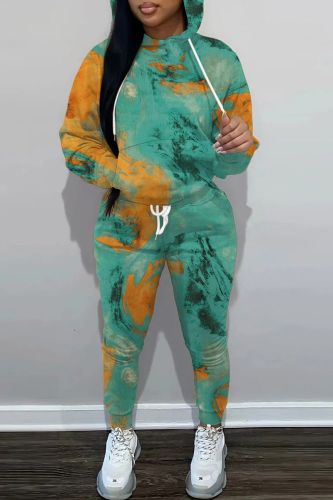 Green Casual Print Basic Hooded Collar Long Sleeve Two Pieces