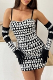 Black Casual Patchwork Backless Rhinestone Spaghetti Strap Mesh Dress (With Sleeves)