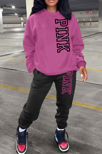 Rose Purple Casual Letter Print Basic O Neck Long Sleeve Two Pieces