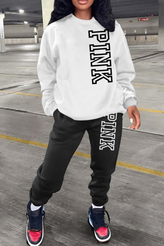 White Casual Letter Print Basic O Neck Long Sleeve Two Pieces