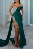 Green Sexy Formal Patchwork Sequins Backless Slit Spaghetti Strap Long Dress Dresses