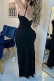 Black Sexy Patchwork Hot Drilling See-through Backless Slit Spaghetti Strap Long Dress Dresses