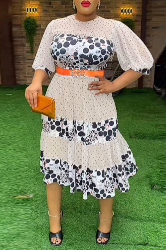 White Casual Print Patchwork See-through With Belt O Neck A Line Plus Size Dresses