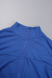 Blue Casual Solid Patchwork Zipper O Neck Long Sleeve Two Pieces
