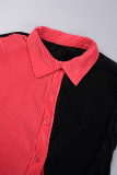 Red Black Casual Color Block Patchwork Buckle Turndown Collar Long Sleeve Two Pieces