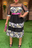 Black Casual Print Patchwork See-through With Belt O Neck A Line Plus Size Dresses
