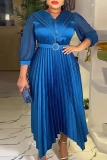 Blue Casual Solid Patchwork V Neck Pleated Plus Size Dresses