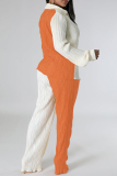 White Orange Casual Color Block Patchwork Buckle Turndown Collar Long Sleeve Two Pieces