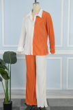 White Orange Casual Color Block Patchwork Buckle Turndown Collar Long Sleeve Two Pieces
