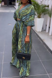 Green Tropical Print Deep V Neck Half Sleeve Crop Top and Palazzo Pants Daily Vacation Wide Leg Pant Suit