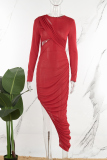 Red Sexy Casual Solid Hollowed Out Slit O Neck Long Sleeve Dresses