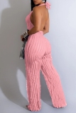 Pink Sleeveless Backless Backless Halter Pleated Skinny Jumpsuits