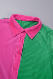 Grass Green Casual Color Block Patchwork Buckle Turndown Collar Long Sleeve Two Pieces