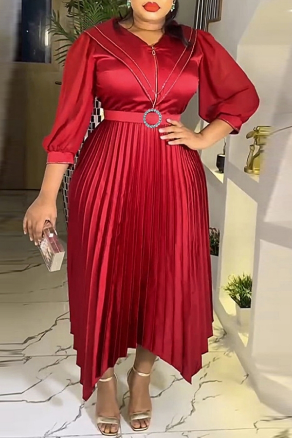 Red Casual Solid Patchwork V Neck Pleated Plus Size Dresses