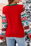 Red Green Casual Letter Animal Christmas Tree Weave O Neck Tops