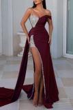 Rose Red Sexy Formal Patchwork Sequins Backless Slit Spaghetti Strap Long Dress Dresses