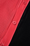 Red Black Casual Color Block Patchwork Buckle Turndown Collar Long Sleeve Two Pieces