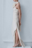 White Sexy Formal Solid Backless Slit Halter Long Dress Dresses