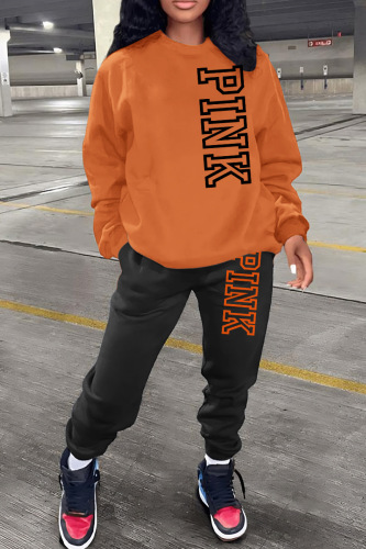Orange Casual Letter Print Basic O Neck Long Sleeve Two Pieces