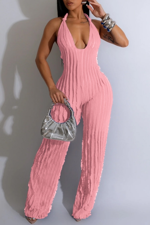 Pink Sleeveless Backless Backless Halter Pleated Skinny Jumpsuits