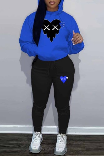 Blue Black Casual Print Patchwork Hooded Collar Long Sleeve Two Pieces