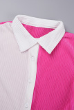 White Casual Color Block Patchwork Buckle Turndown Collar Long Sleeve Two Pieces